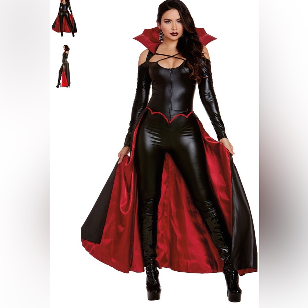Vampire jumpsuit attached cape
4 pairs of fangs 
& Temporary blood tattoos